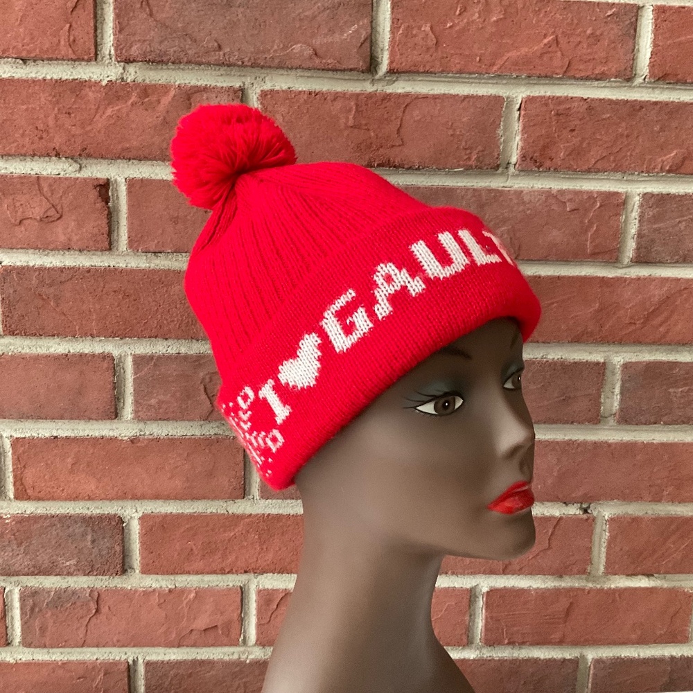 Jean Paul Gaultier Red Knit Cuffed Pom Pom Beanie Unisex O/S